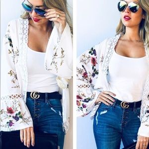 White Floral Long Sleeve Kimono Size OS